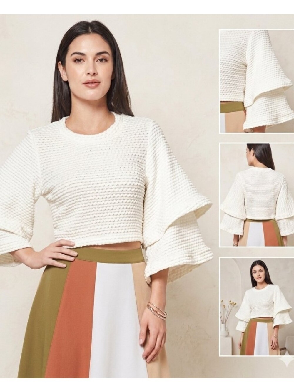 Gracia Textured Cream Crop Top Double Tier Bell Sleeve Small